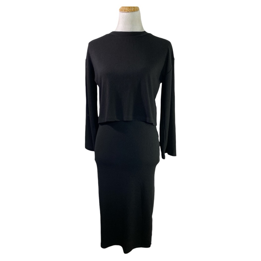 Sen Black Ribbed Long Sleeve Crop Top and Midi Skirt Set Size Small